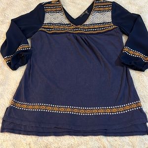 THML  Blue 3/4 Sheer Sleeve  Boho Embroidered Top Size S